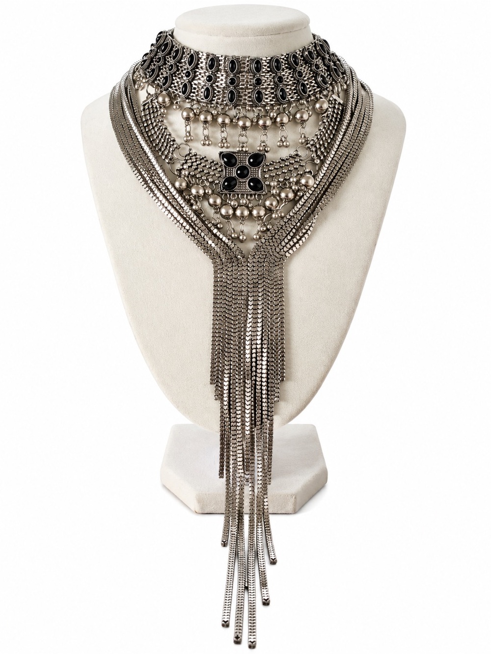 Free People Silver Tone Black Stone Statement Choker Tassel Necklace - Picture 2 of 8
